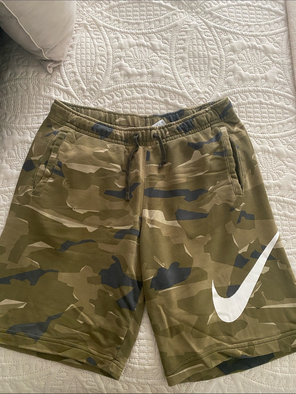 Nike Men’s Olive & Dark Green Camo Shorts with White Swoosh